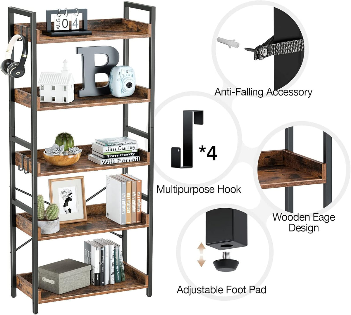 5 Tier Wood Bookshelf with 4 Hooks B5558