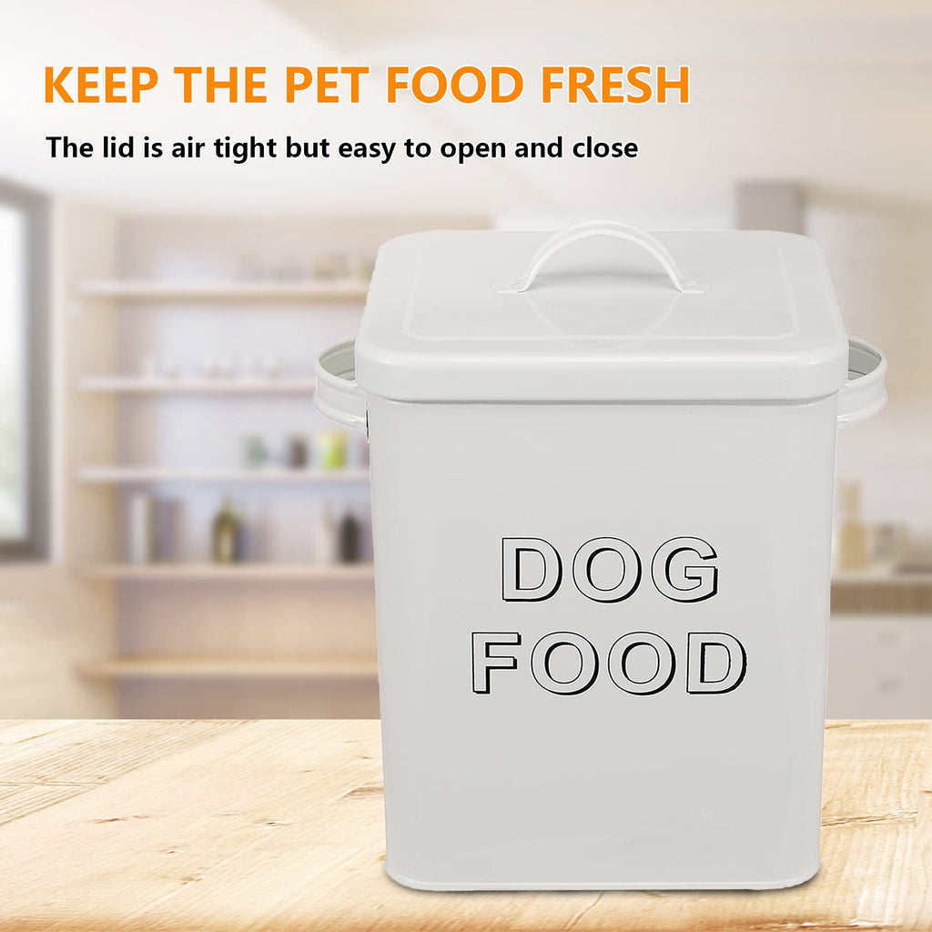 Airtight Dog Treat Container and Food Storage Tin with Lid, Handle, Scoop, 4-5 lbs Capacity, White F279