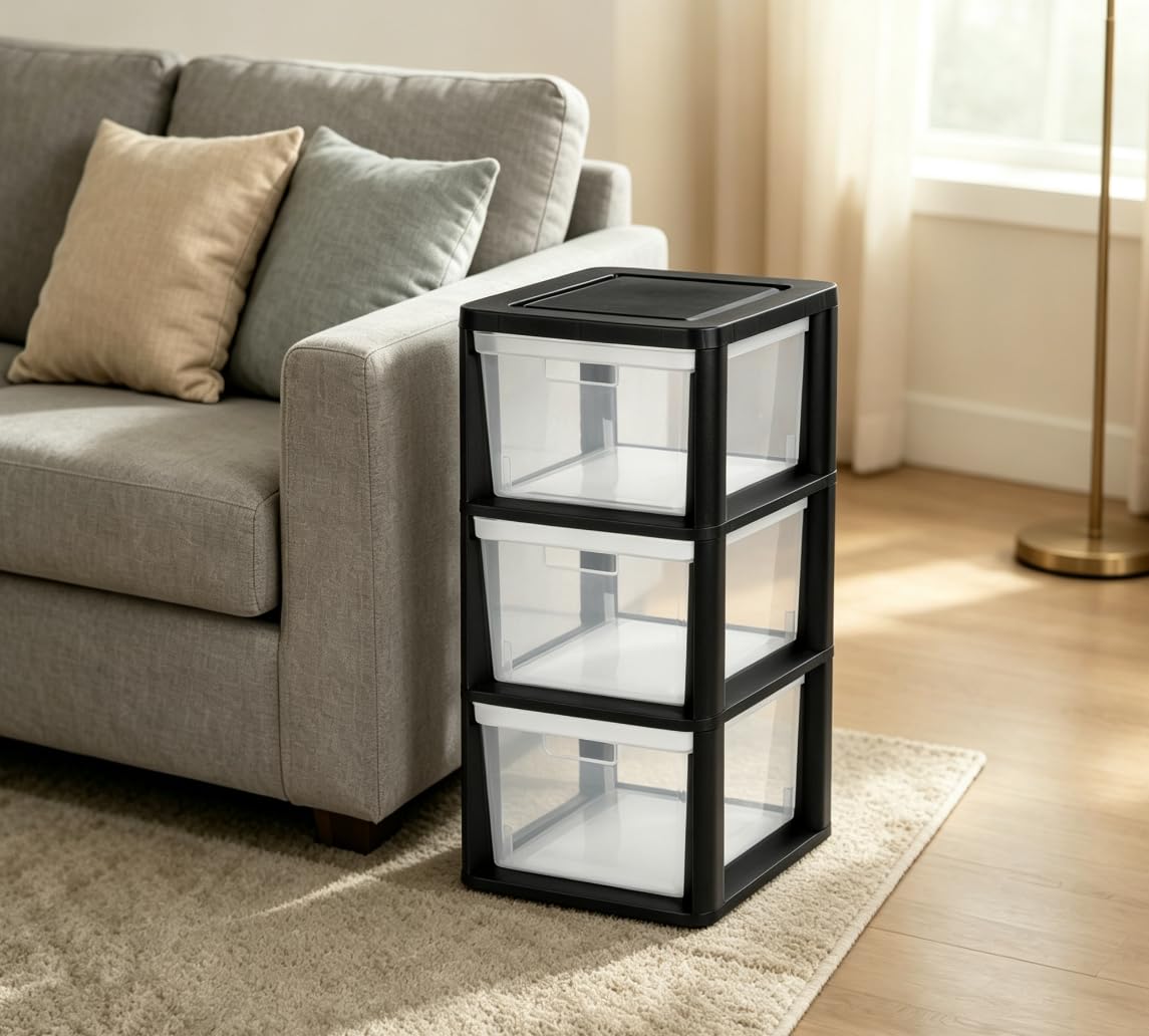 Black 3 Drawer Plastic Storage Tower with Clear Bins B734031