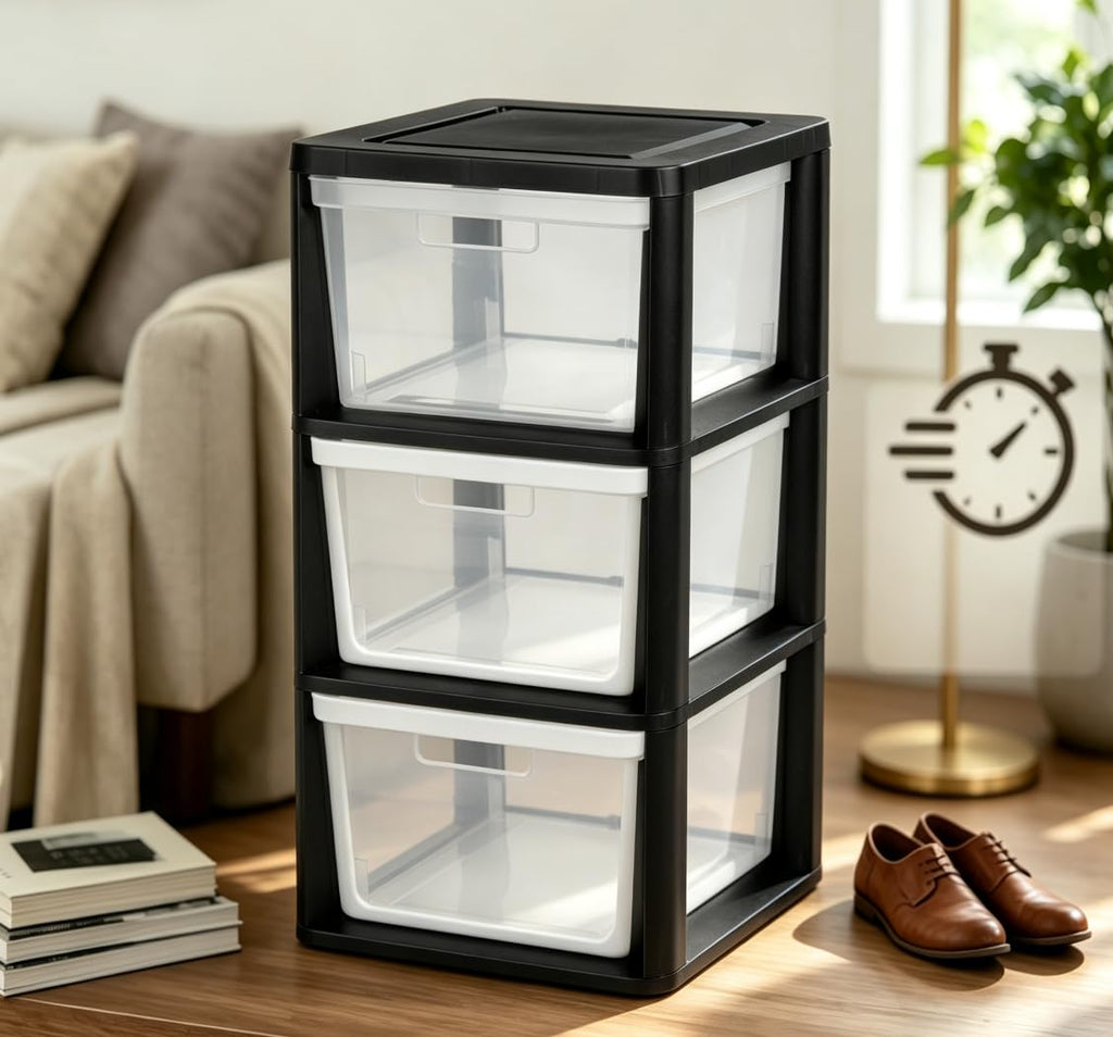 Black 3 Drawer Plastic Storage Tower with Clear Bins B734031