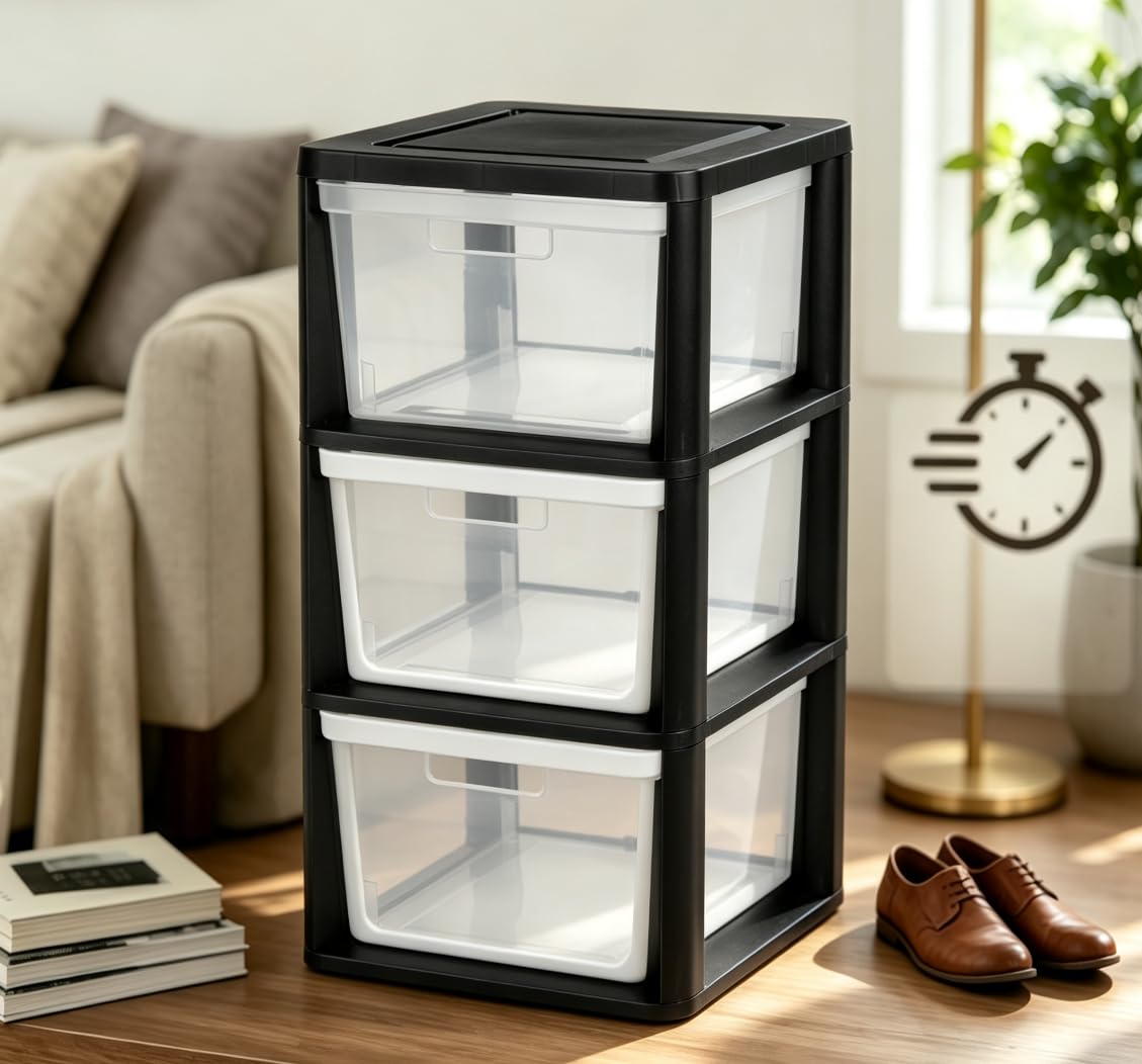 Black 3 Drawer Plastic Storage Tower with Clear Bins B734031