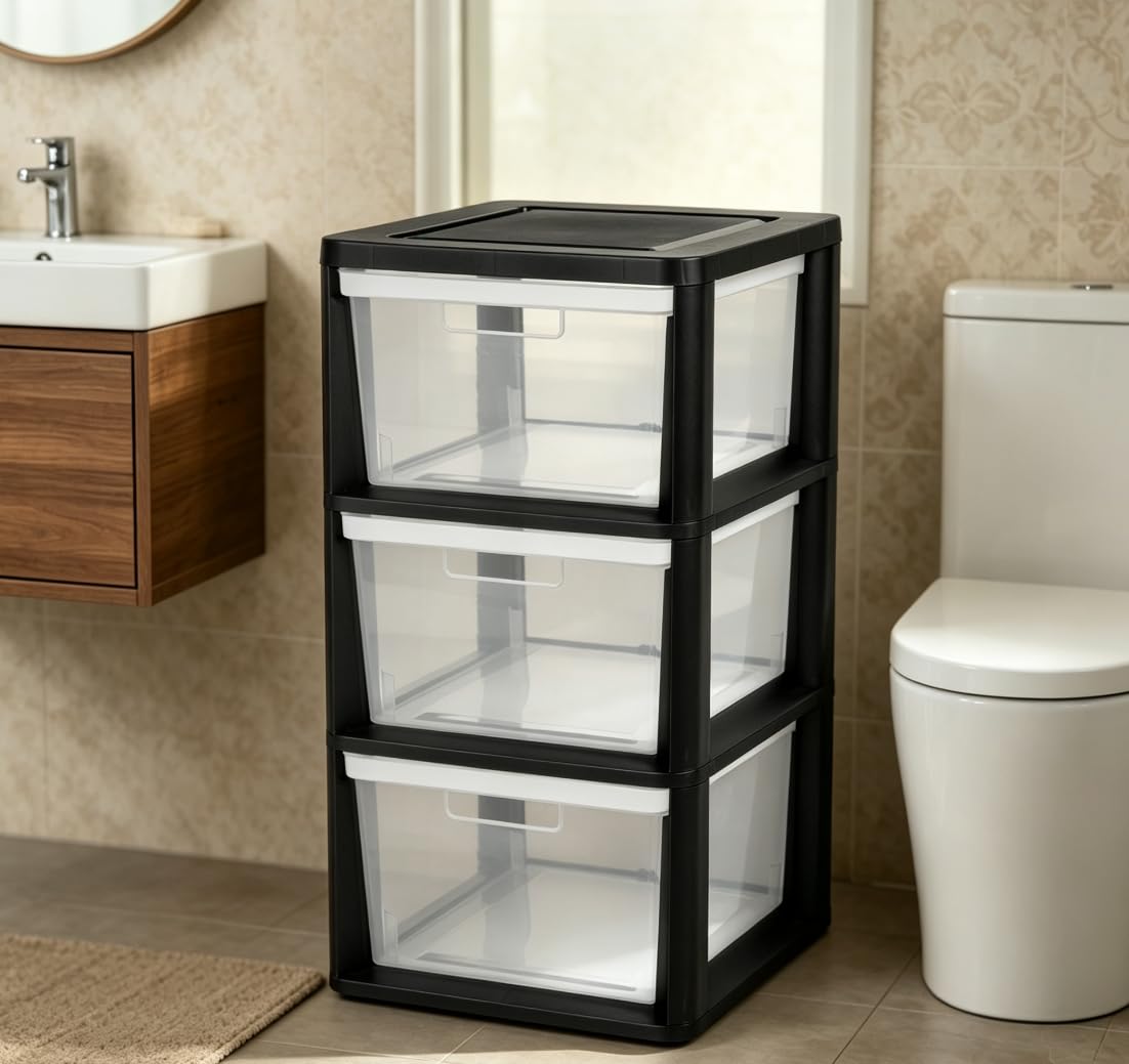 Black 3 Drawer Plastic Storage Tower with Clear Bins B734031
