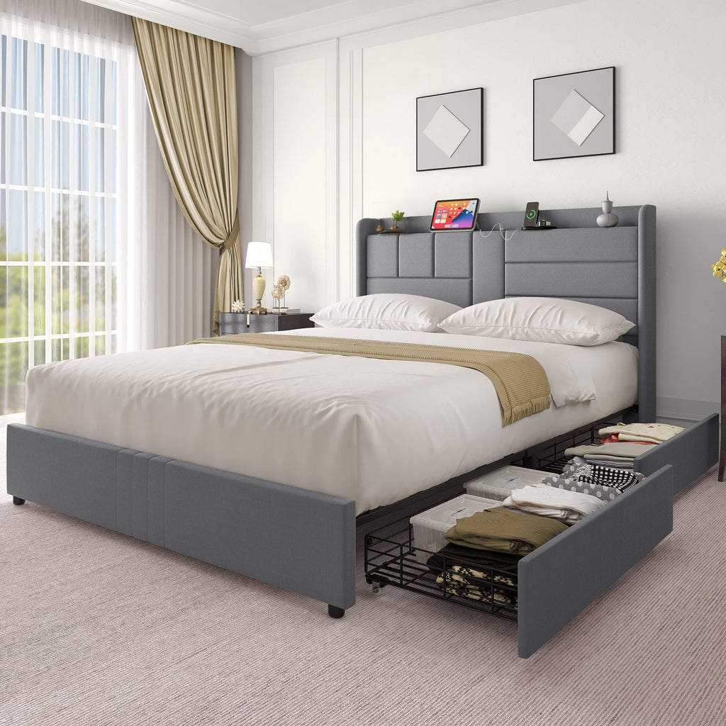 Queen Size Upholstered Platform Bed Frame with Storage Drawers E83647