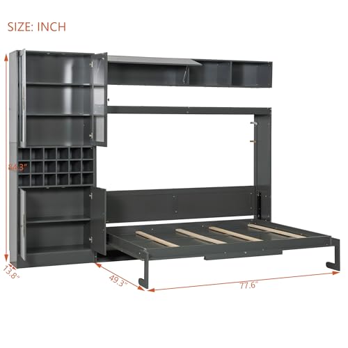 White Wooden Full Size Murphy Bed Frame with Sofa and Storage Shelves W6152