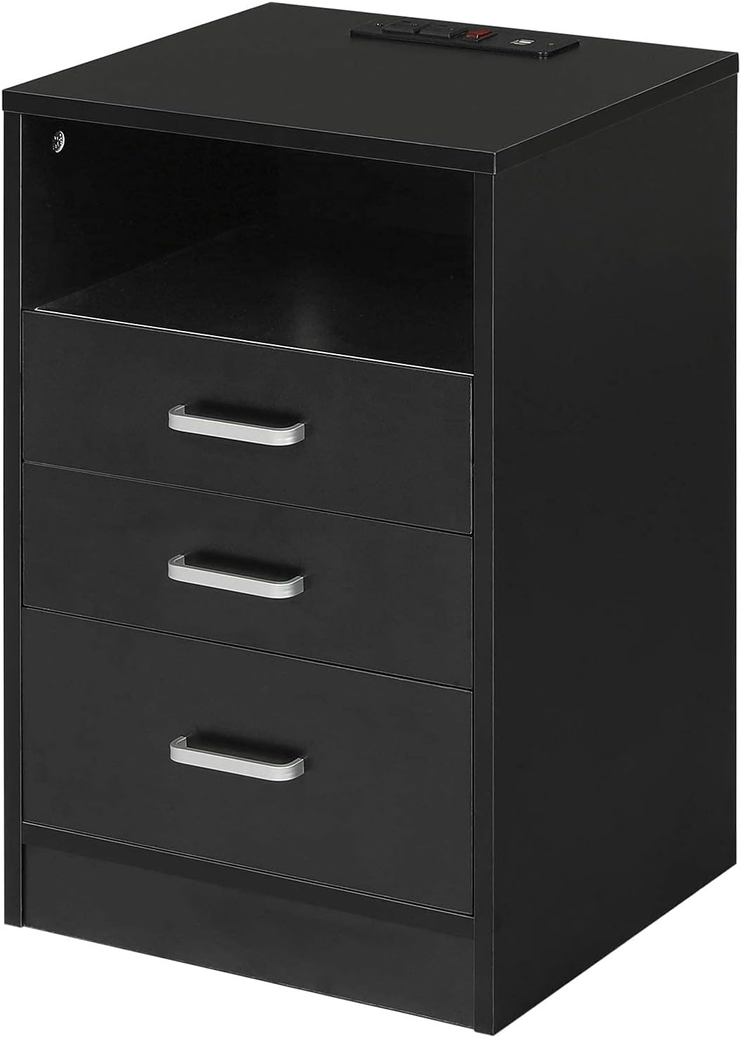 White Nightstand 3 Drawers with Open Storage Wooden Side Table with Sliding Drawer P37387
