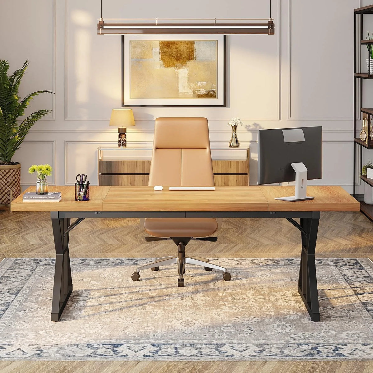 70.8-Inch Light Walnut/Black Executive Desk Y69524