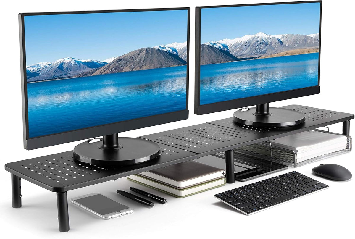 Dual Monitor Stand Riser, Adjustable Legs, Matte Black Steel, Pack of 2 C71187