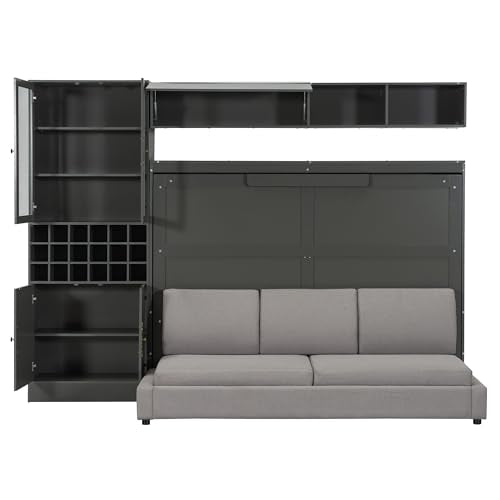 White Wooden Full Size Murphy Bed Frame with Sofa and Storage Shelves W6152