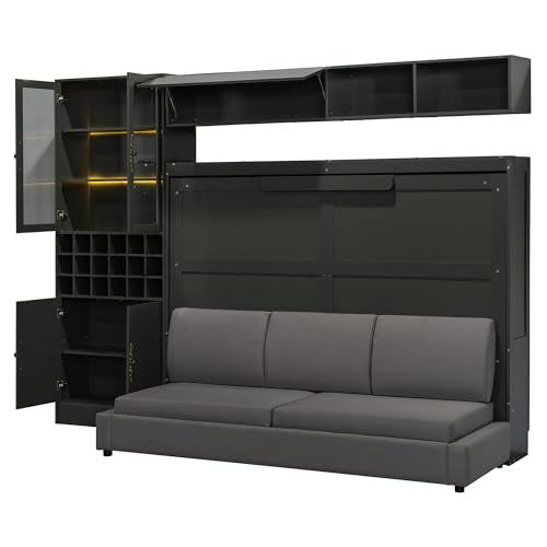 White Wooden Full Size Murphy Bed Frame with Sofa and Storage Shelves W6152