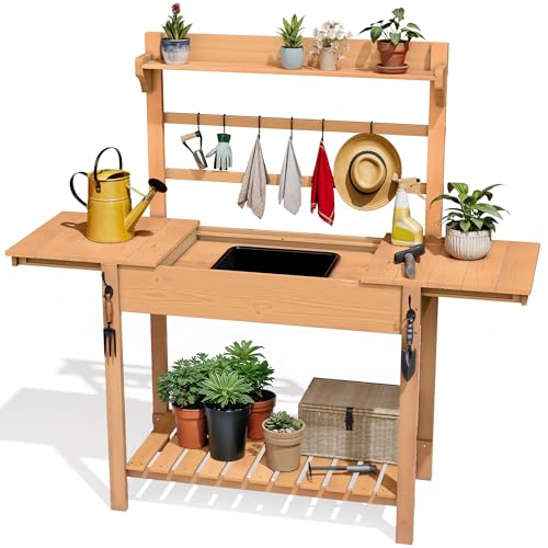 Outdoor Potting Bench Table with Sink & Sliding Top, Wooden Garden Workbench with Storage Shelves C809
