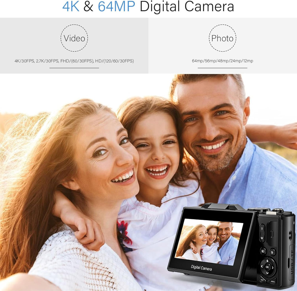 64MP 4K Digital Camera with 18X Zoom, 3.0 inch Flip Screen, 32GB SD Card, 2 Batteries W884425