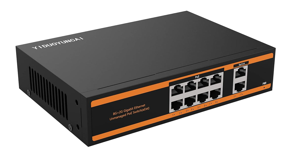 10 Ports Ethernet PoE Switch, 8 PoE Ports + 2 Uplink Ports, 150W, Metal Fanless, Unmanaged, Pack of 2 A977979