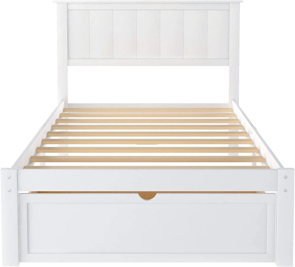White Wood Bed with Drawers and Headboard L5073