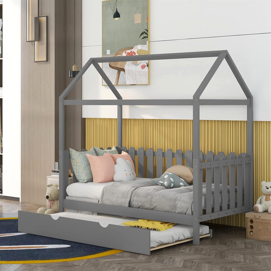 White Wood Twin Size House Bed Frame with Trundle L255647