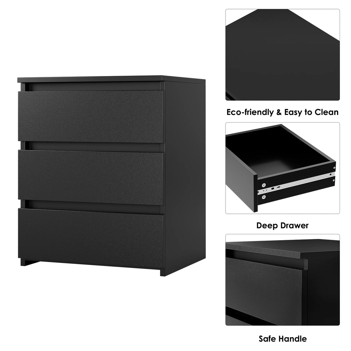 Black 3 Drawer Nightstand Set of 2 Z54290