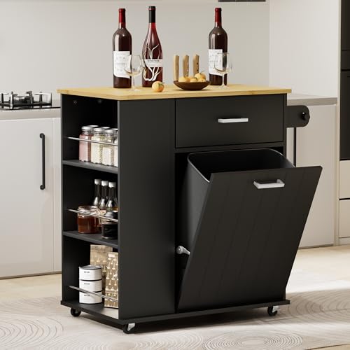Rolling Kitchen Island with Trash Can Storage, Towel Rack & Spice Rack, Black Z397219