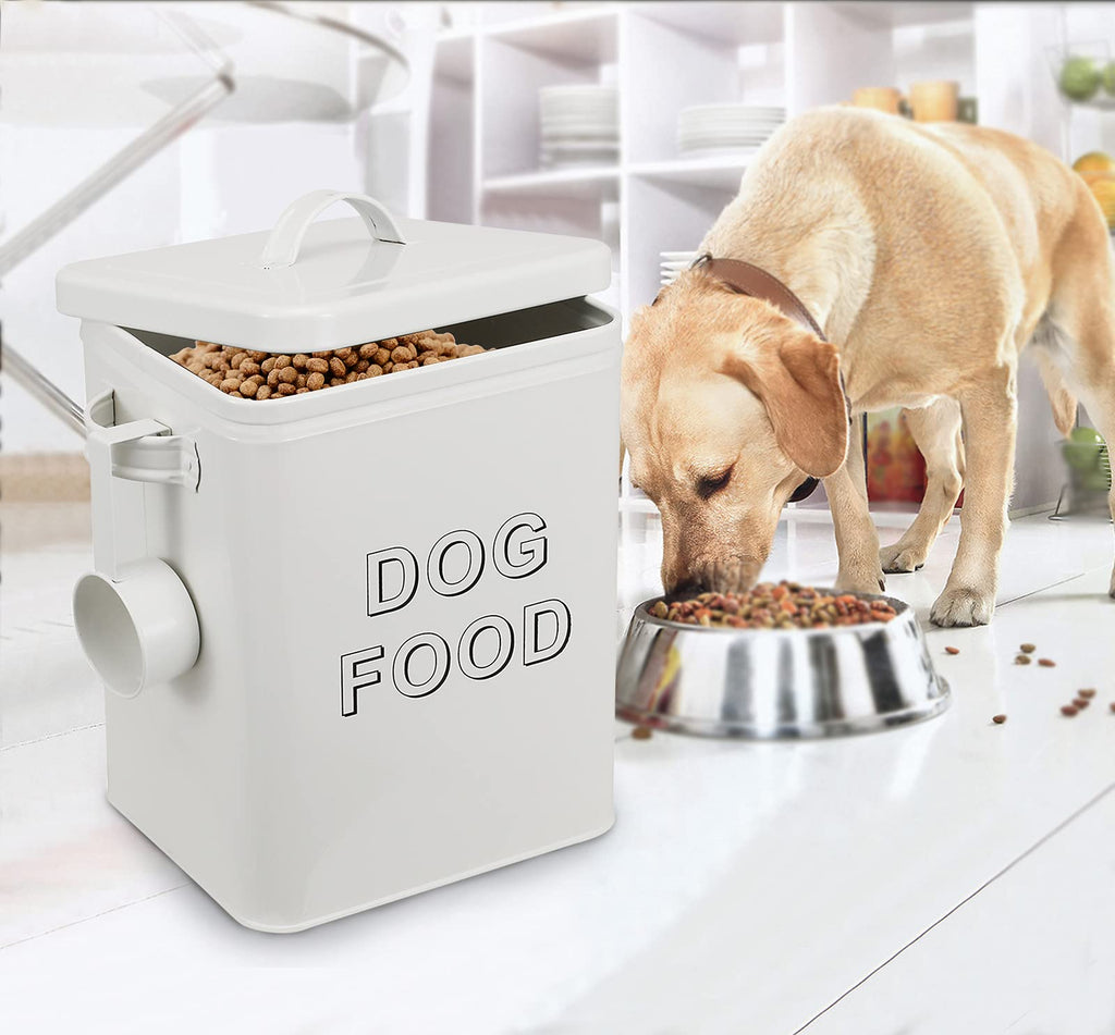 Airtight Dog Treat Container and Food Storage Tin with Lid, Handle, Scoop, 4-5 lbs Capacity, White F279
