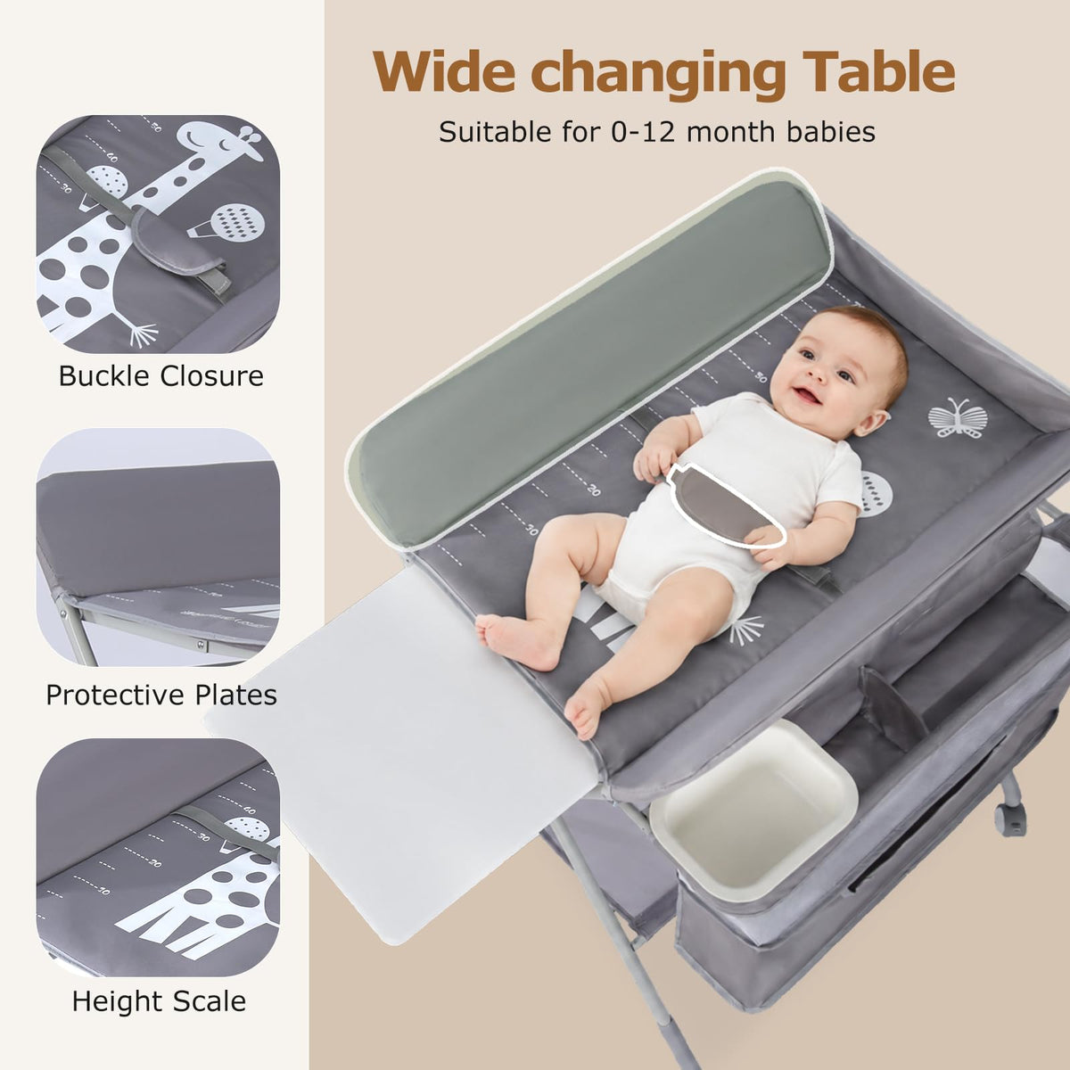 Baby Changing Table with Wheels, Portable Adjustable Folding Diaper Station with Storage E70553