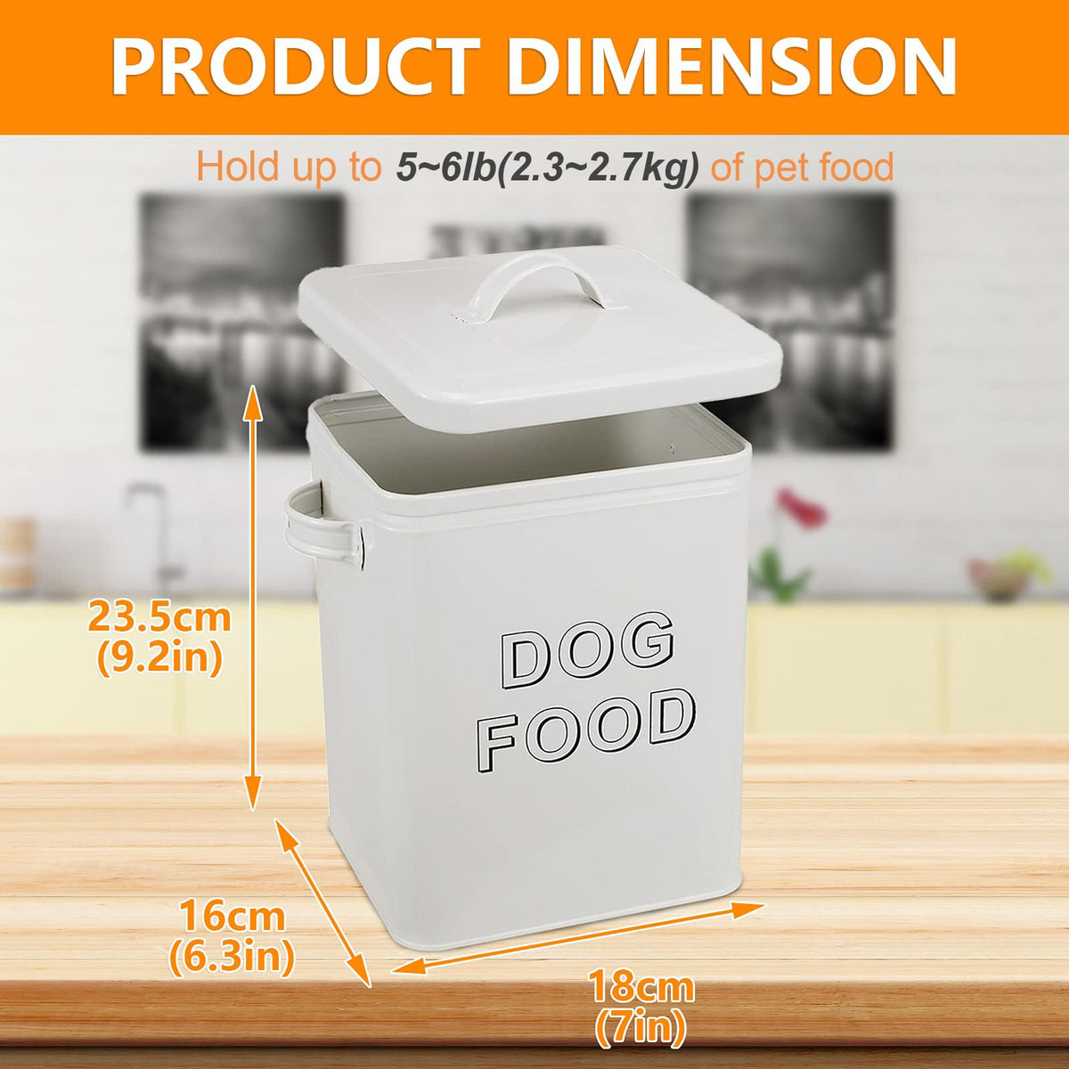 Airtight Dog Treat Container and Food Storage Tin with Lid, Handle, Scoop, 4-5 lbs Capacity, White F279