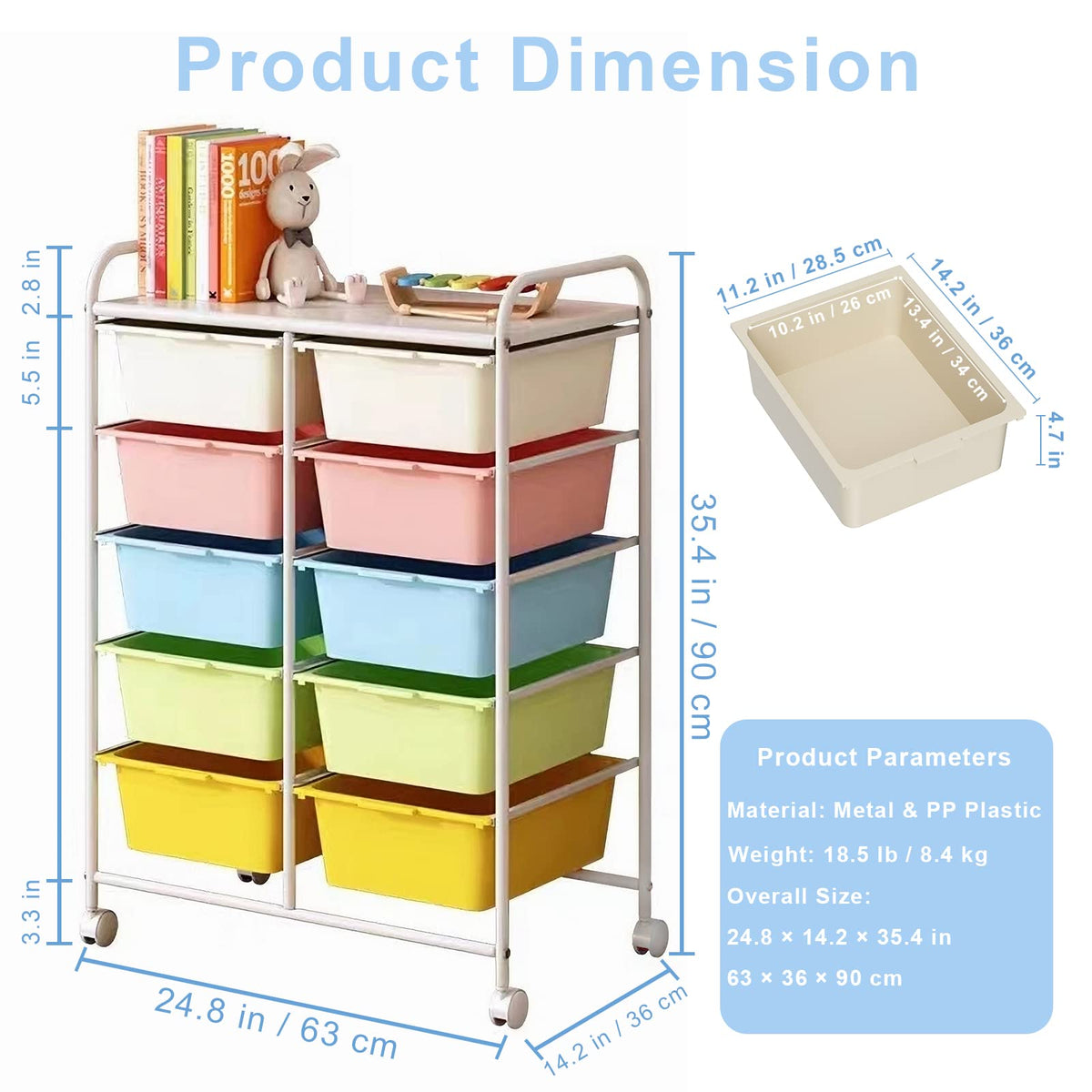 10 Drawers Rolling Plastic Storage Cart with Metal Frame Y4688