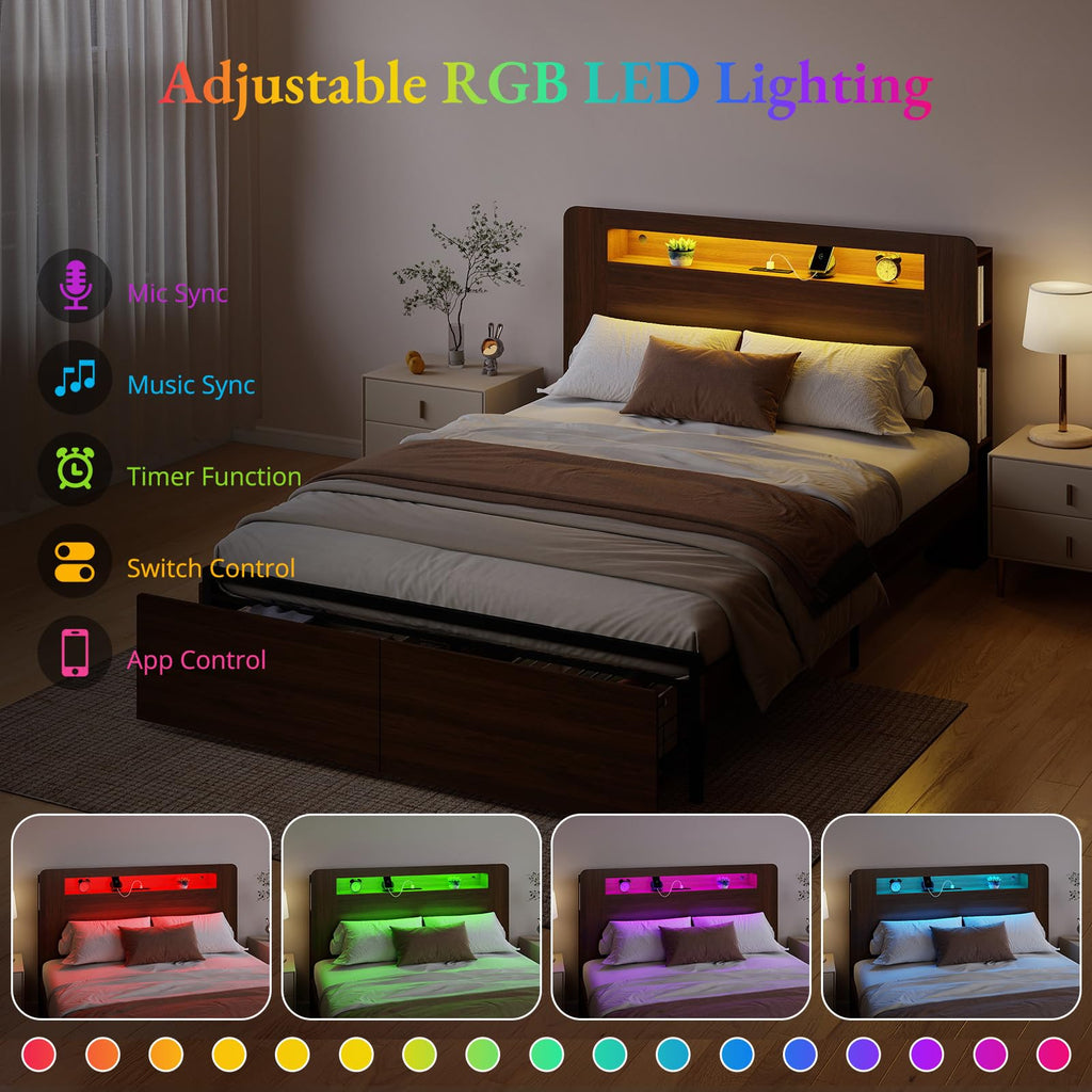 Wood Bed Frame Full with 2 Storage Drawers O596374