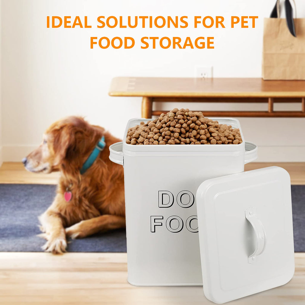 Airtight Dog Treat Container and Food Storage Tin with Lid, Handle, Scoop, 4-5 lbs Capacity, White F279