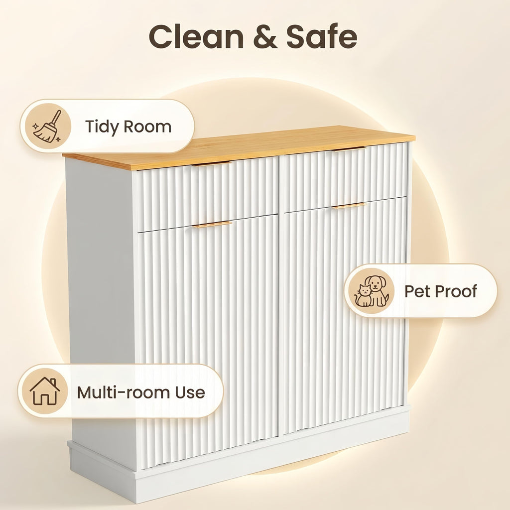 20 Gallon Double Tilt-Out White Trash Can Cabinet with Storage Drawers L53445