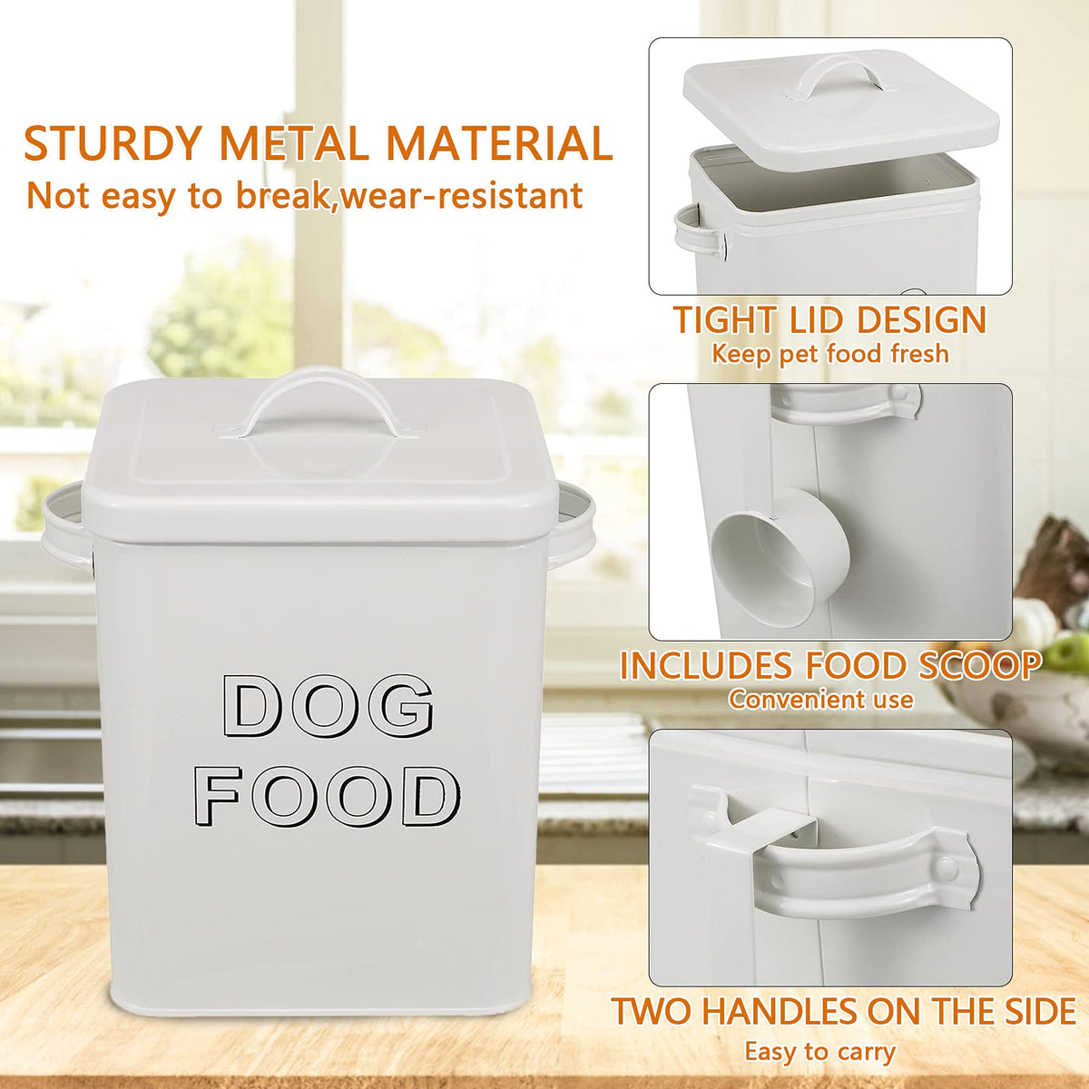 Airtight Dog Treat Container and Food Storage Tin with Lid, Handle, Scoop, 4-5 lbs Capacity, White F279