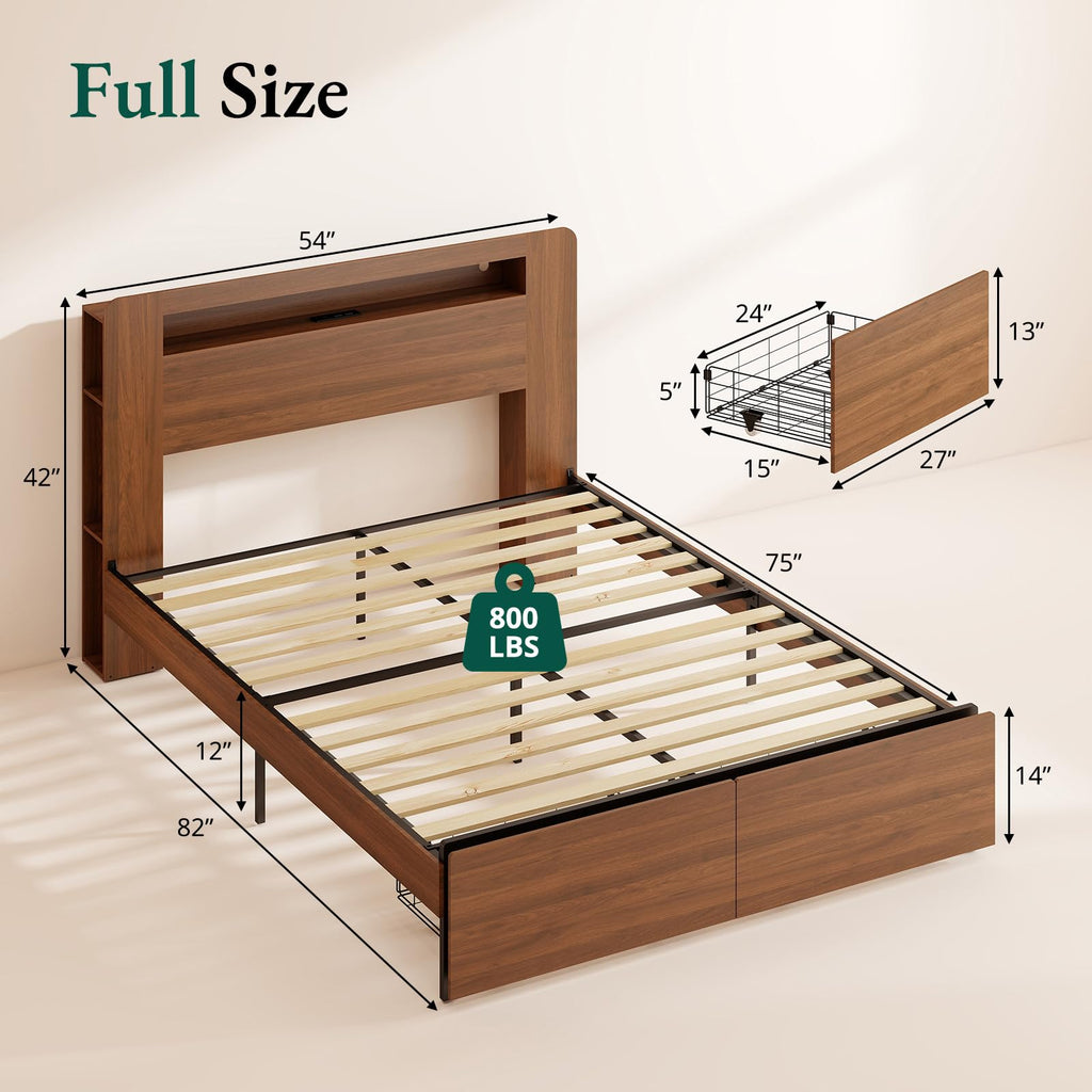 Wood Bed Frame Full with 2 Storage Drawers O596374