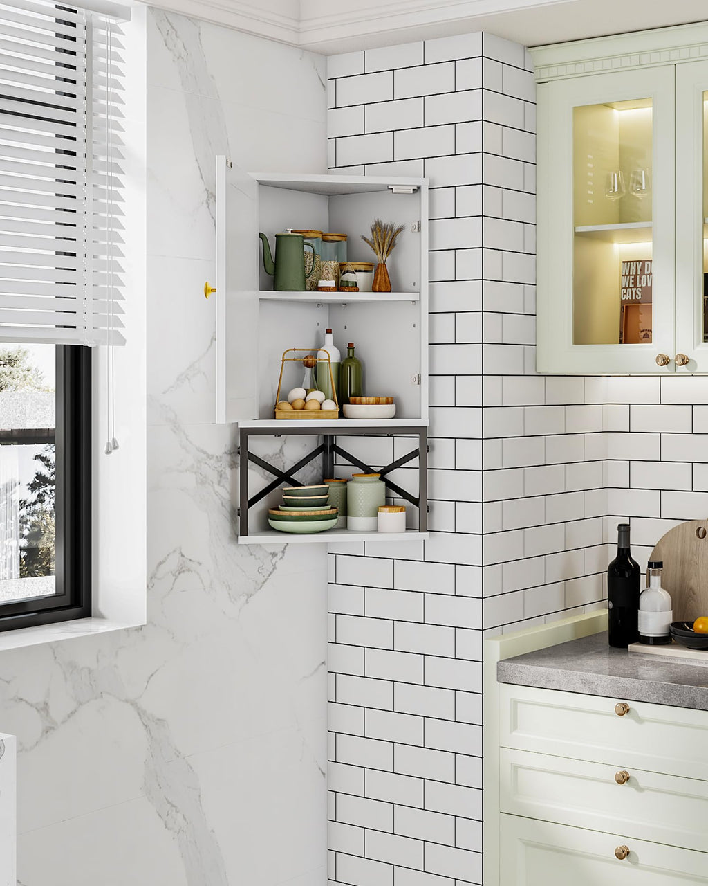 White and Black Corner Wall Cabinet with Adjustable Shelf F838