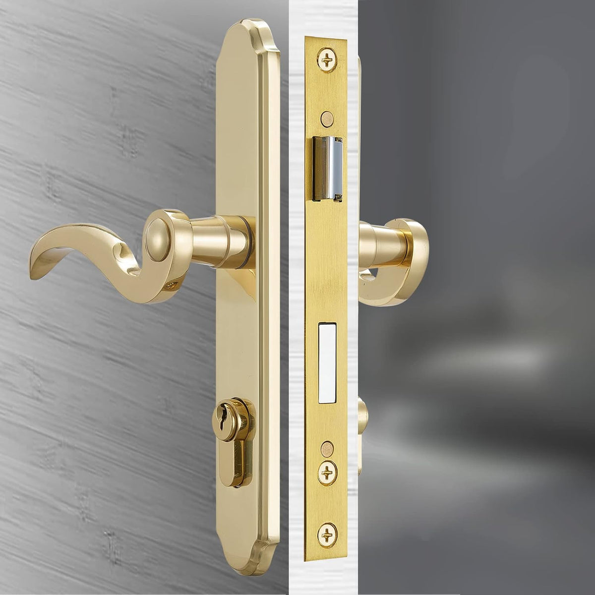 Brushed Polished Brass Solid Brass Lever Handle Mortise Lock Set for 1 in. Or 1.38 in. Thickness Q3834
