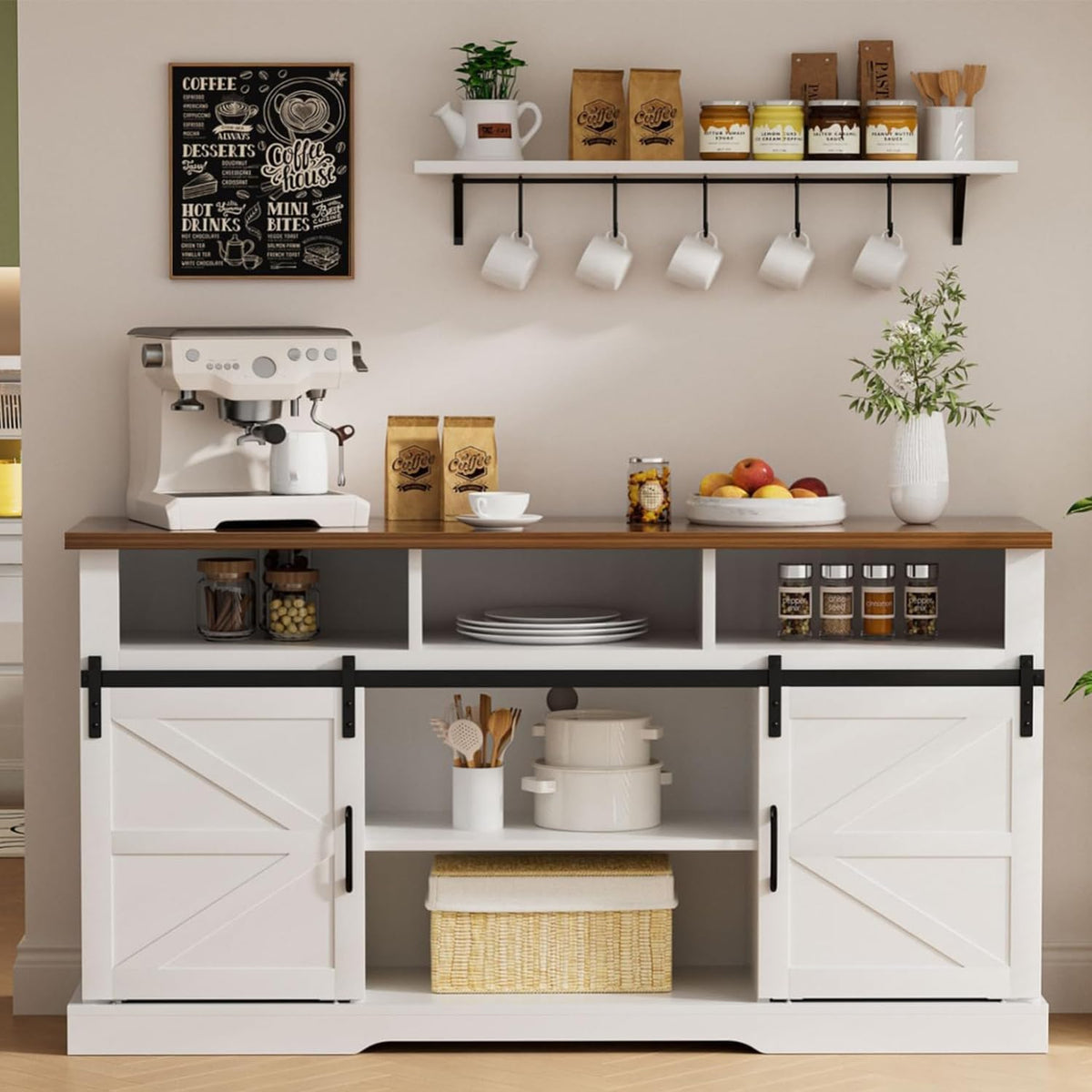 White 58" Coffee Bar Cabinet with Sliding Barn Door and Adjustable Shelf Z663