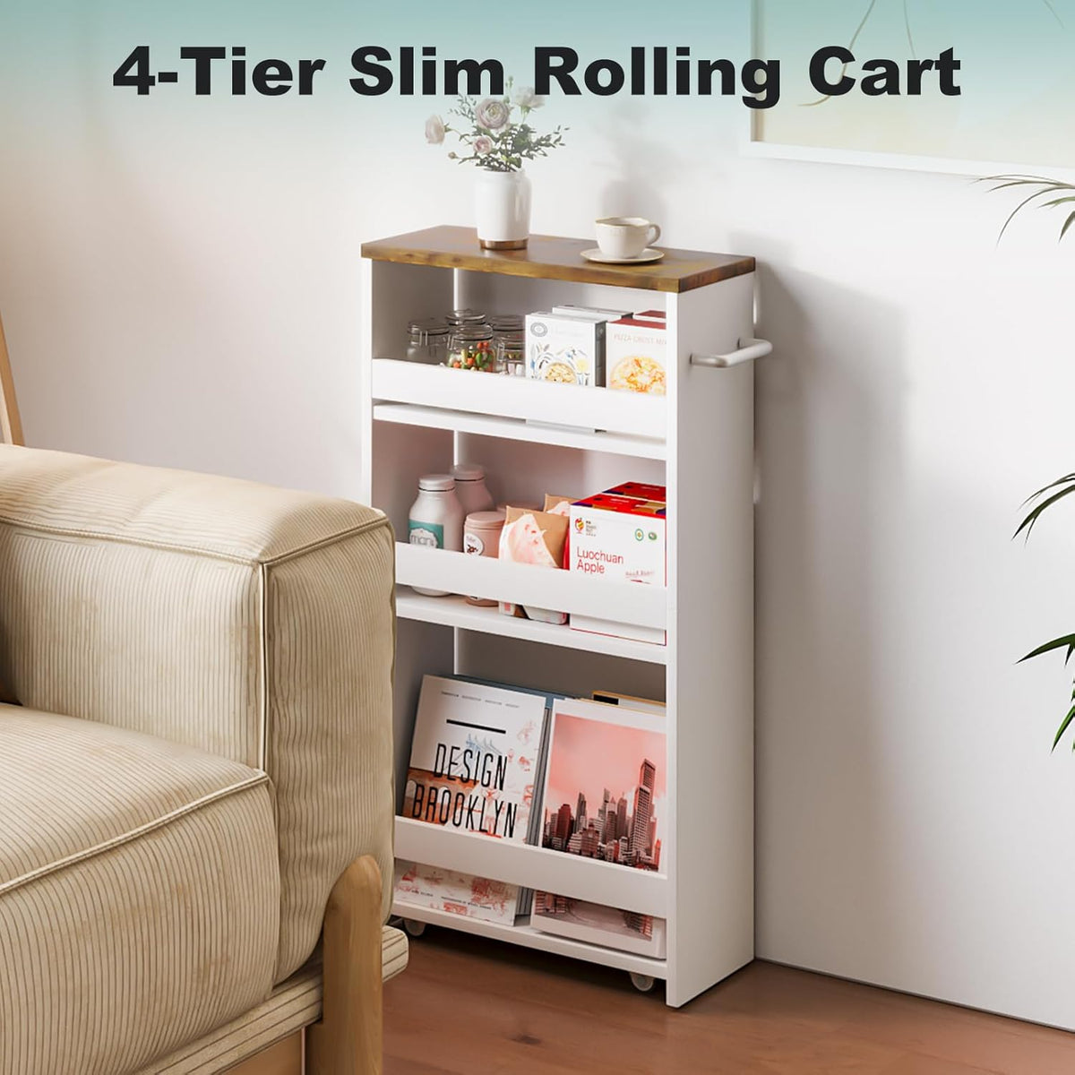 4-Tier Wood White Rolling Storage Cart L611429