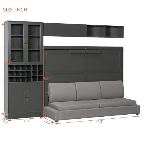 White Wooden Full Size Murphy Bed Frame with Sofa and Storage Shelves W6152