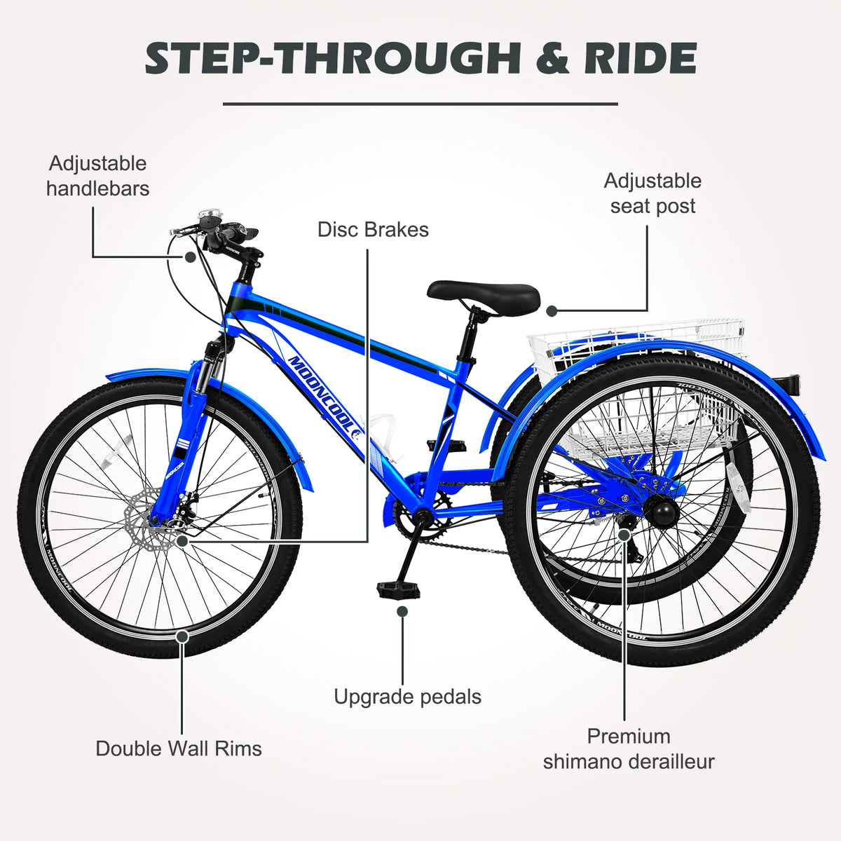 26 Inch 7 Speed Blue Adult Tricycle with Baskets T895