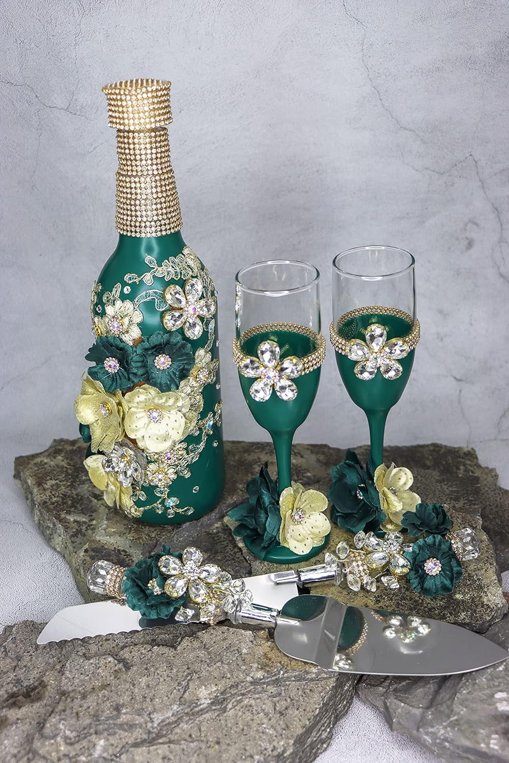 Champagne Glasses Set Emerald Green Silver A16501