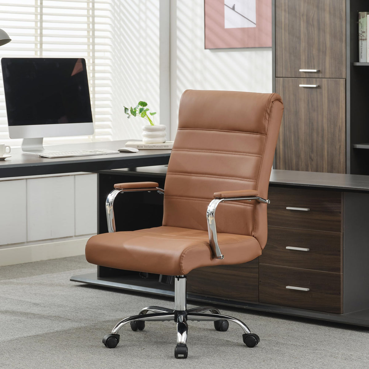 Brown Leather High Back Office Chair with Armrest E8212