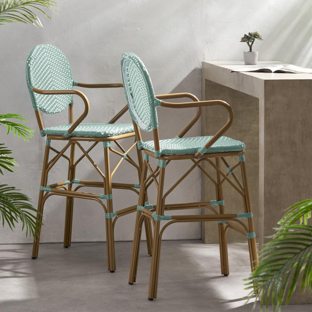 Teal Bamboo Print Wicker Aluminum Bar Stools Set of 2 Y64442