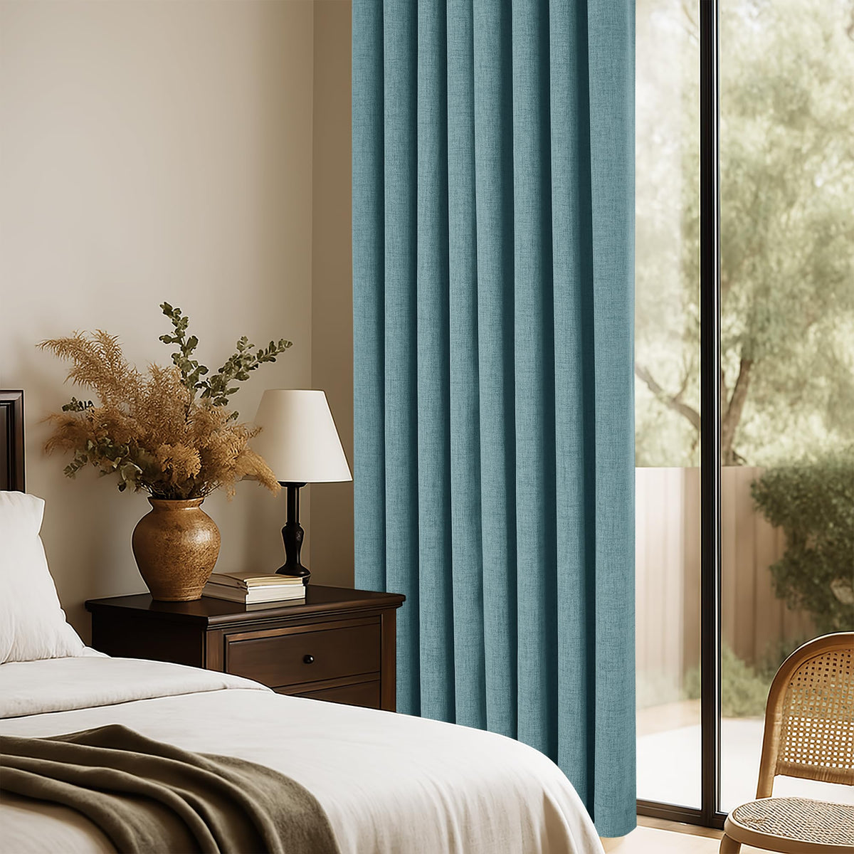 Teal Natural Linen Blackout Curtains 84 inch 2 Panels Set D946503