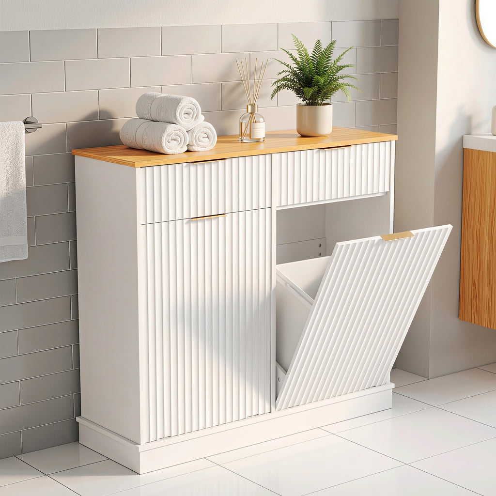 20 Gallon Double Tilt-Out White Trash Can Cabinet with Storage Drawers L53445