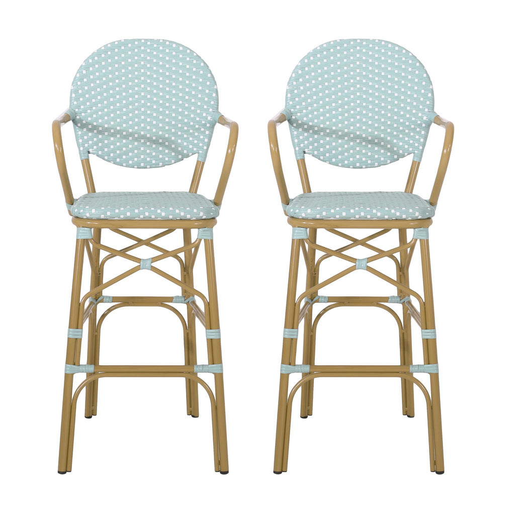 Teal Bamboo Print Wicker Aluminum Bar Stools Set of 2 Y64442