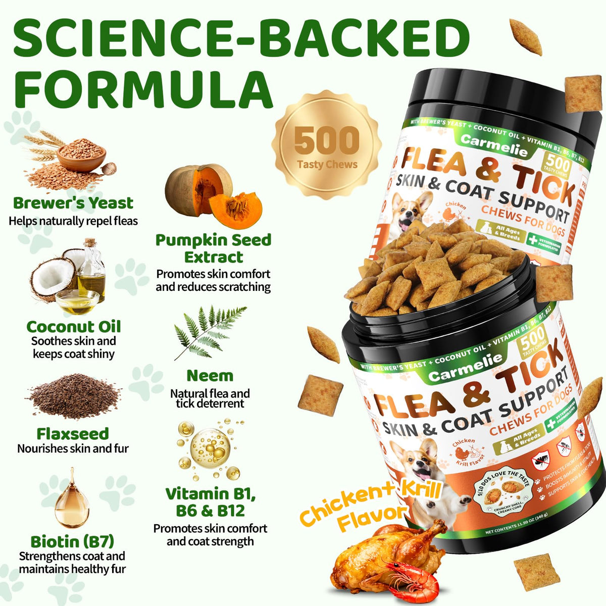 Flea and Tick Prevention for Dogs Chewables with Multivitamins, 500ct J797