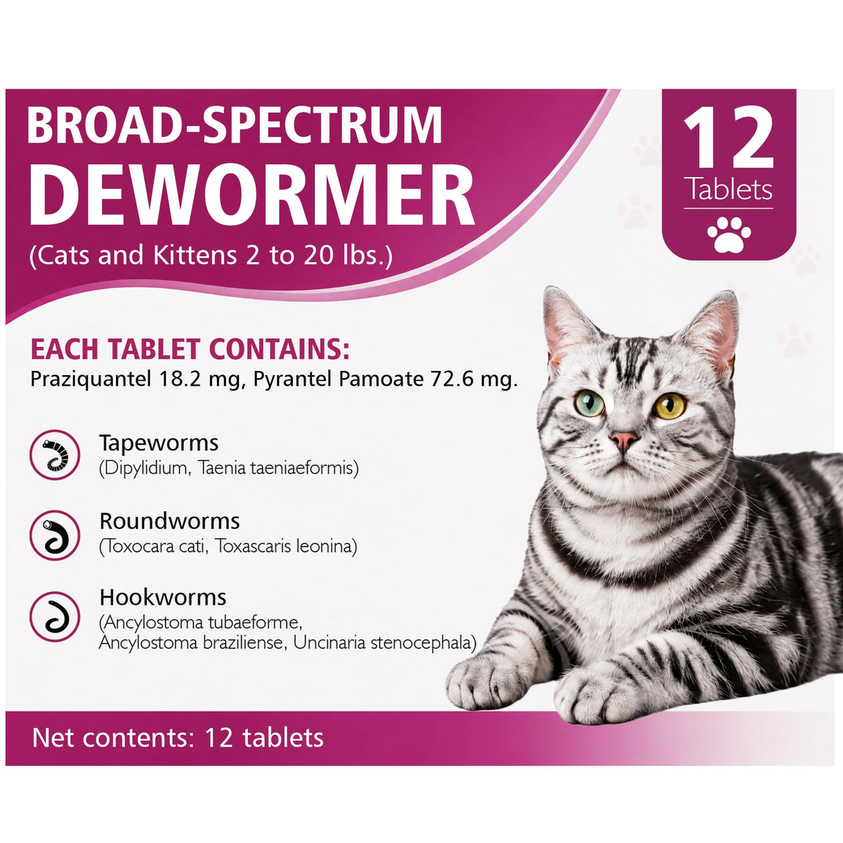 Broad-Spectrum Dewormer for Cats and Kittens, 12 Tablets F51969