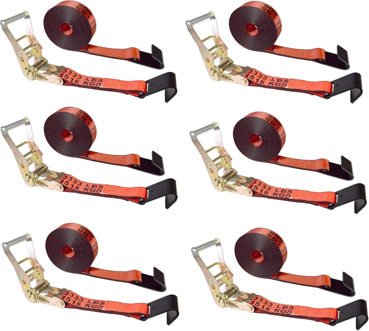 2” x 30’ Flat Hook Tie Down Ratchet Straps (Red, 6 Pack) U71509