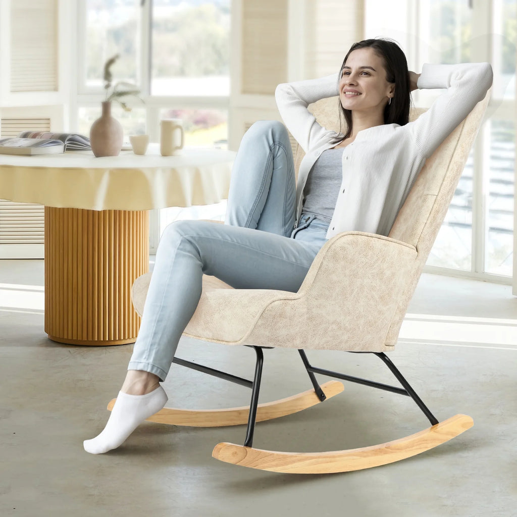 Polyester Fabric Rocking Chair with Wooden Base and Armrests White O258