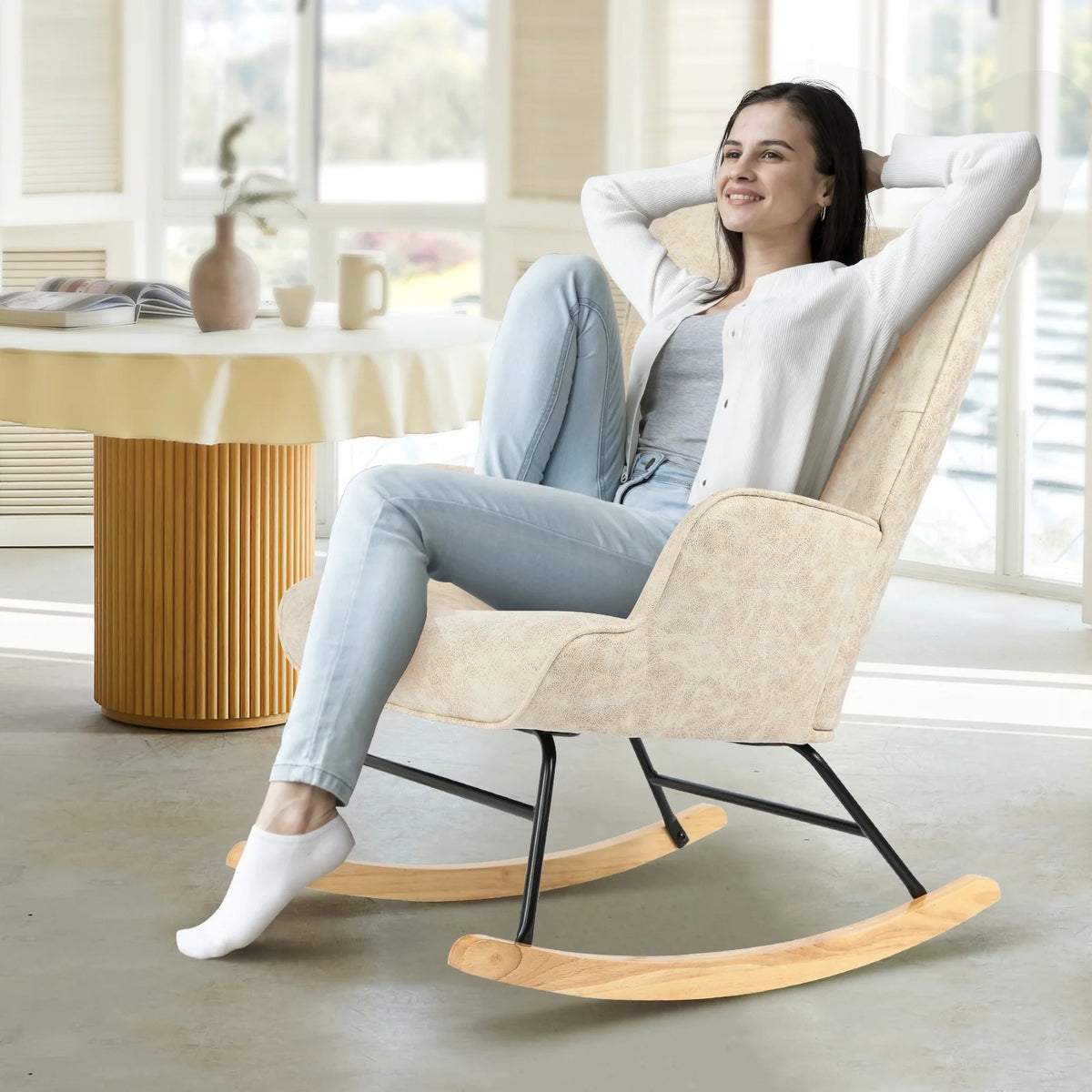 Polyester Fabric Rocking Chair with Wooden Base and Armrests White O258