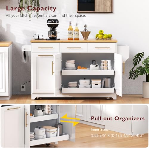 59.3" Rolling Kitchen Island with Trash Can Storage Cabinet, Power Outlet, Drop Leaf (Black) R538123