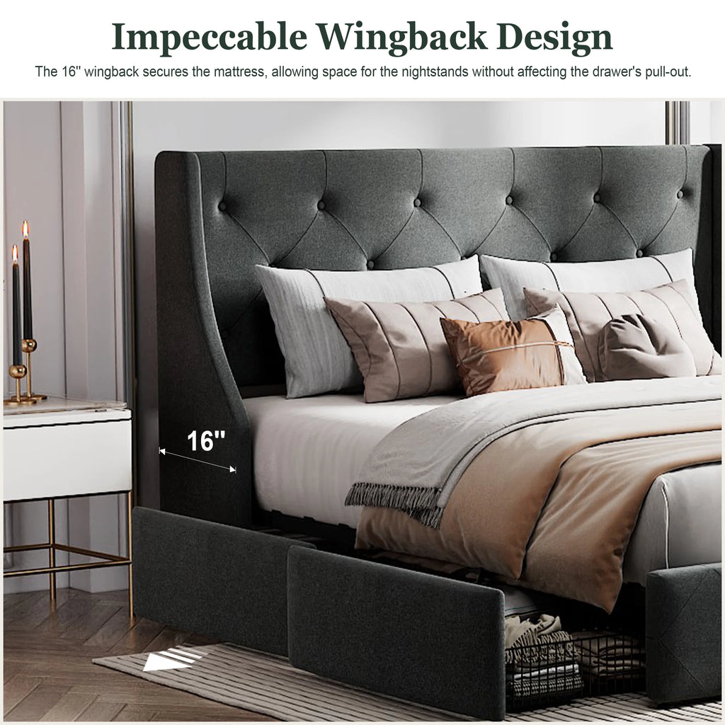 Queen Size Platform Bed Frame with 4 Storage Drawers I3306