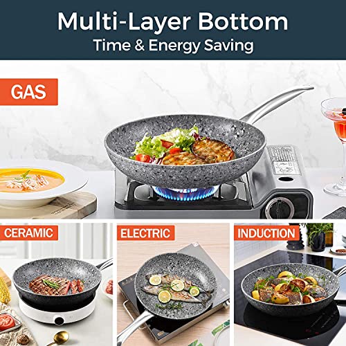 8" + 11" Gray Nonstick Granite Stone Frying Pan Set with Lids O157343