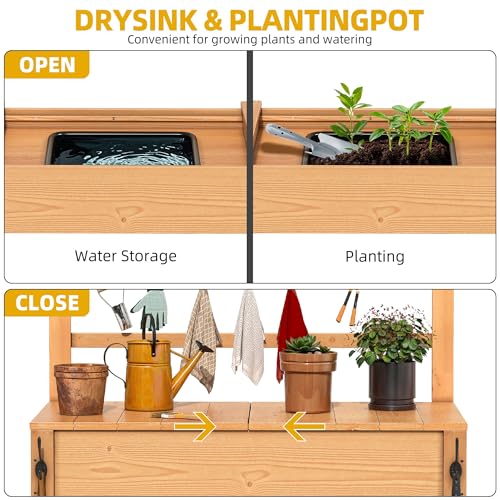 Outdoor Potting Bench Table with Sink & Sliding Top, Wooden Garden Workbench with Storage Shelves C809